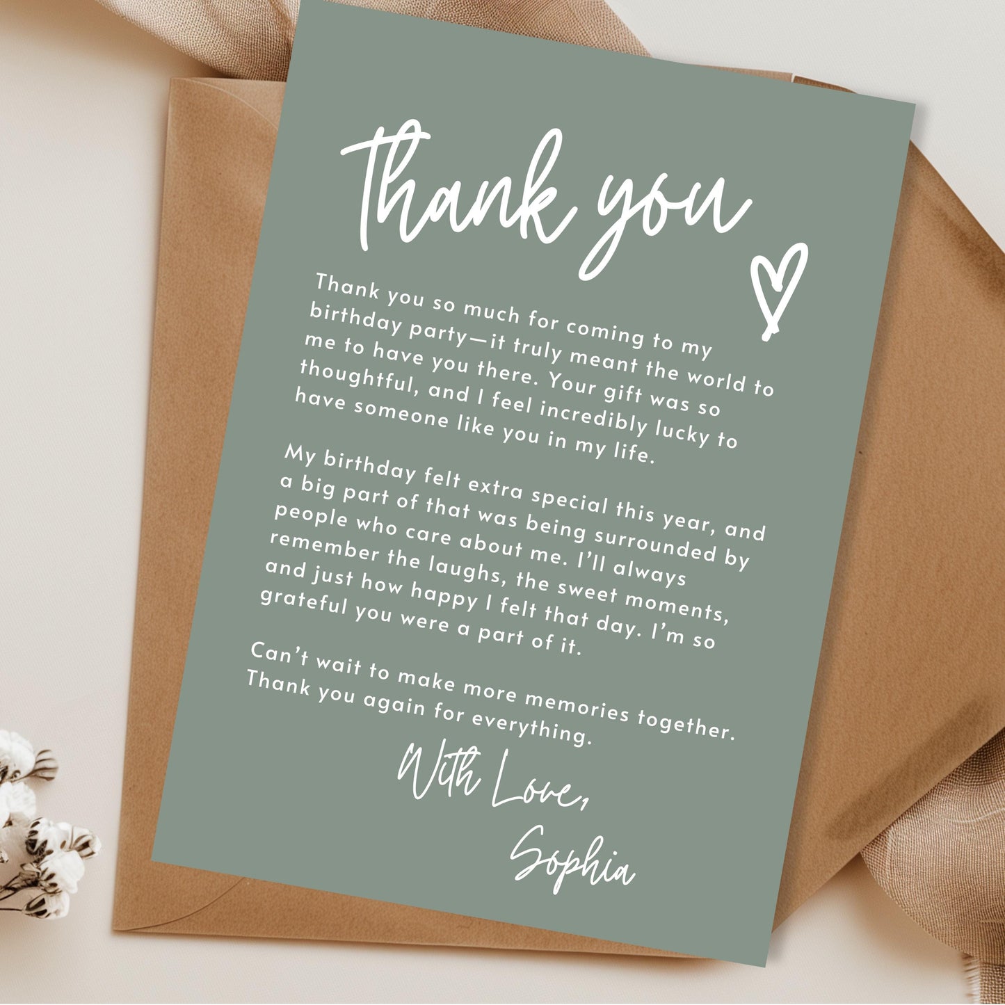 Sage Green Thank You Note Birthday Template Editable Teenage Girl Thank You Card Simple Modern Party Boho Thank You Letter Celebration 0003
