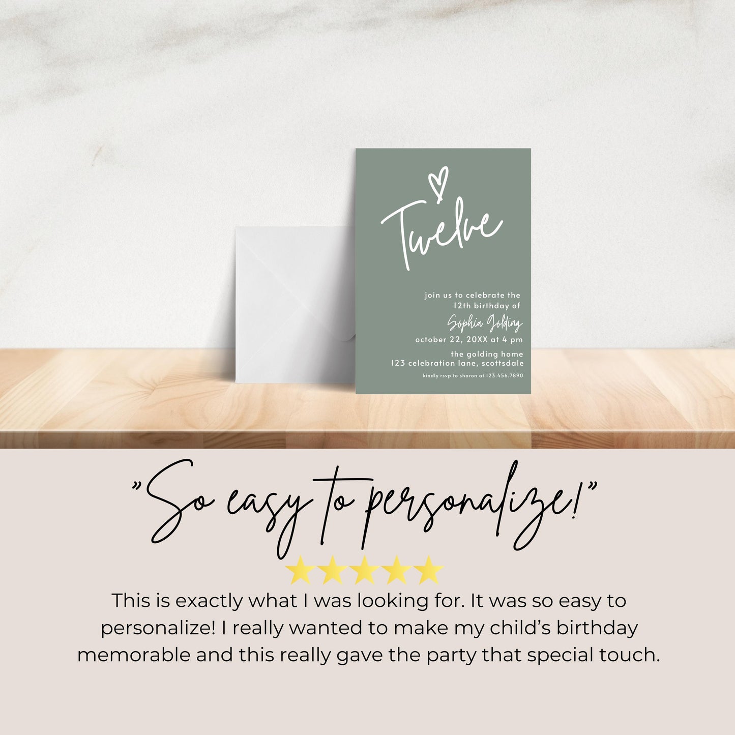 12th Birthday Invitation for Girl Sage Green Twelfth Birthday Invite for Teenager Simple Elegant Invitation Printable Template Modern 0003
