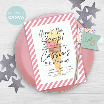 Here's the Scoop Invitation Ice Cream Birthday Party Invite Fifth Birthday Invite Template Girls Sweet Birthday Party 5th Birthday 0002