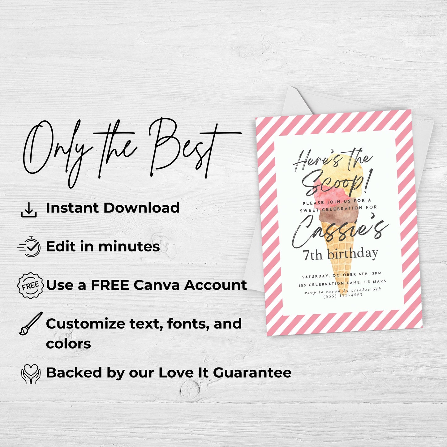 Here's the Scoop Invitation Ice Cream Birthday Party Invite Seventh Birthday Invite Template Girls Sweet Birthday Party 7th Birthday 0002