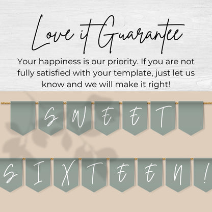 Sage Green Sweet Sixteen Banner Sage Green Party Banner Letters Banner Sage Green Teen Party Sweet 16 Flag Happy Birthday Flags 0003