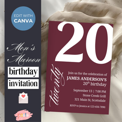 20th Birthday Invite for Men Invitation for 20 Birthday Masculine Birthday Dinner Invite Maroon Adult Milestone Birthday Editable 0007