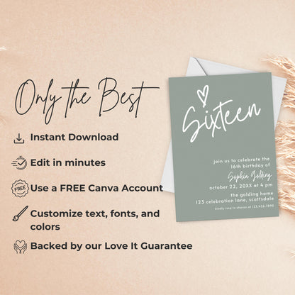 16th Birthday Invitation for Girl Sage Green Sixteen Invite Sage Green Birthday for Teenager Simple Modern Invitation Printable  0003