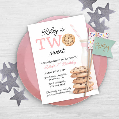Two Sweet Cookie Birthday Invitation Second Birthday Milk Cookies Party 2nd Birthday Cookie Sweet Celebration Toddler Girl Birthday 0009