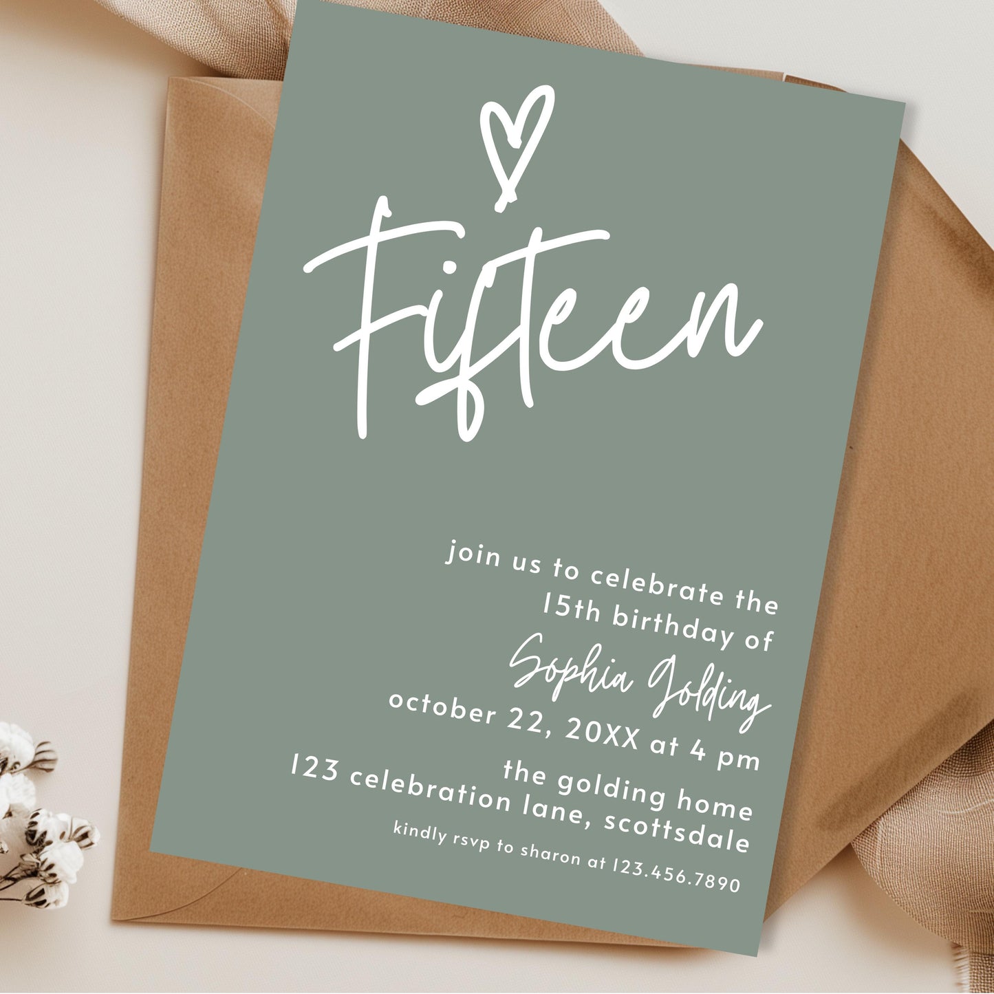 15th Birthday Invitation Sage Green Fifteenth Birthday Invite for Teenager Simple Elegant Invitation Printable Template Modern Girl 0003