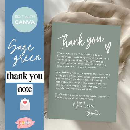 Sage Green Thank You Note Birthday Template Editable Teenage Girl Thank You Card Simple Modern Party Boho Thank You Letter Celebration 0003