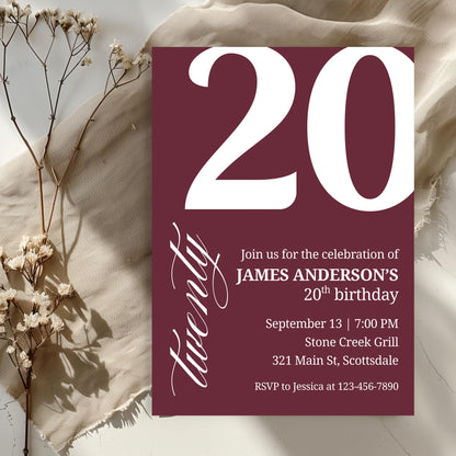 20th Birthday Invite for Men Invitation for 20 Birthday Masculine Birthday Dinner Invite Maroon Adult Milestone Birthday Editable 0007