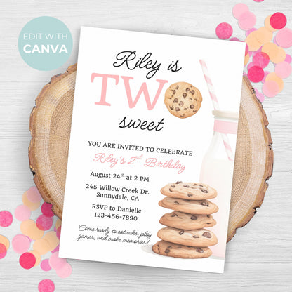 Two Sweet Cookie Birthday Invitation Second Birthday Milk Cookies Party 2nd Birthday Cookie Sweet Celebration Toddler Girl Birthday 0009