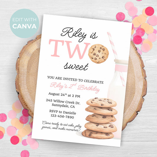 Two Sweet Cookie Birthday Invitation Second Birthday Milk Cookies Party 2nd Birthday Cookie Sweet Celebration Toddler Girl Birthday 0009
