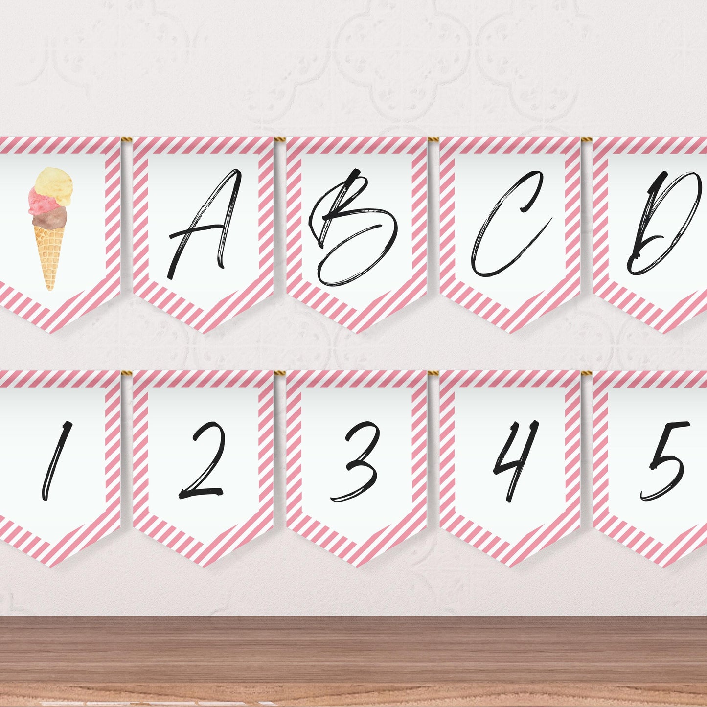 Ice Cream Party Alphabet Banner Letters A to Z Numbers Symbols Happy Birthday Banner Here's the Scoop Party Scoops of Fun Flag Banner 0002