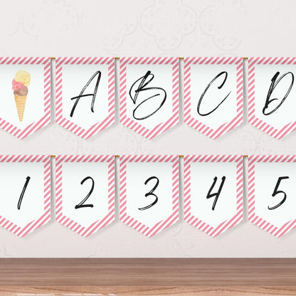 Ice Cream Party Alphabet Banner Letters A to Z Numbers Symbols Happy Birthday Banner Here's the Scoop Party Scoops of Fun Flag Banner 0002