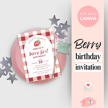 Berry First Birthday Invitation Strawberry Birthday Invitation Berry 1st Birthday Invite Berry Sweet One Birthday Strawberry Gingham 0010