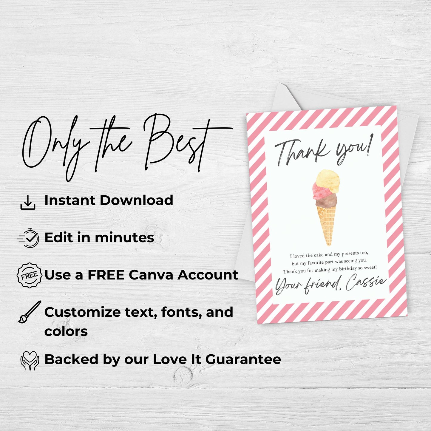 Thank You Note Here's the Scoop Birthday Template Editable Scoops of Fun Thank You Card Ice Cream Theme Birthday Party Sweet Girl 0002