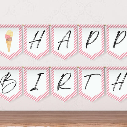 Ice Cream Happy Birthday Banner Sweet Party Banner Here's the Scoop Party Scoops of Fun Flag Printable Banner Girl Party Bunting 0002