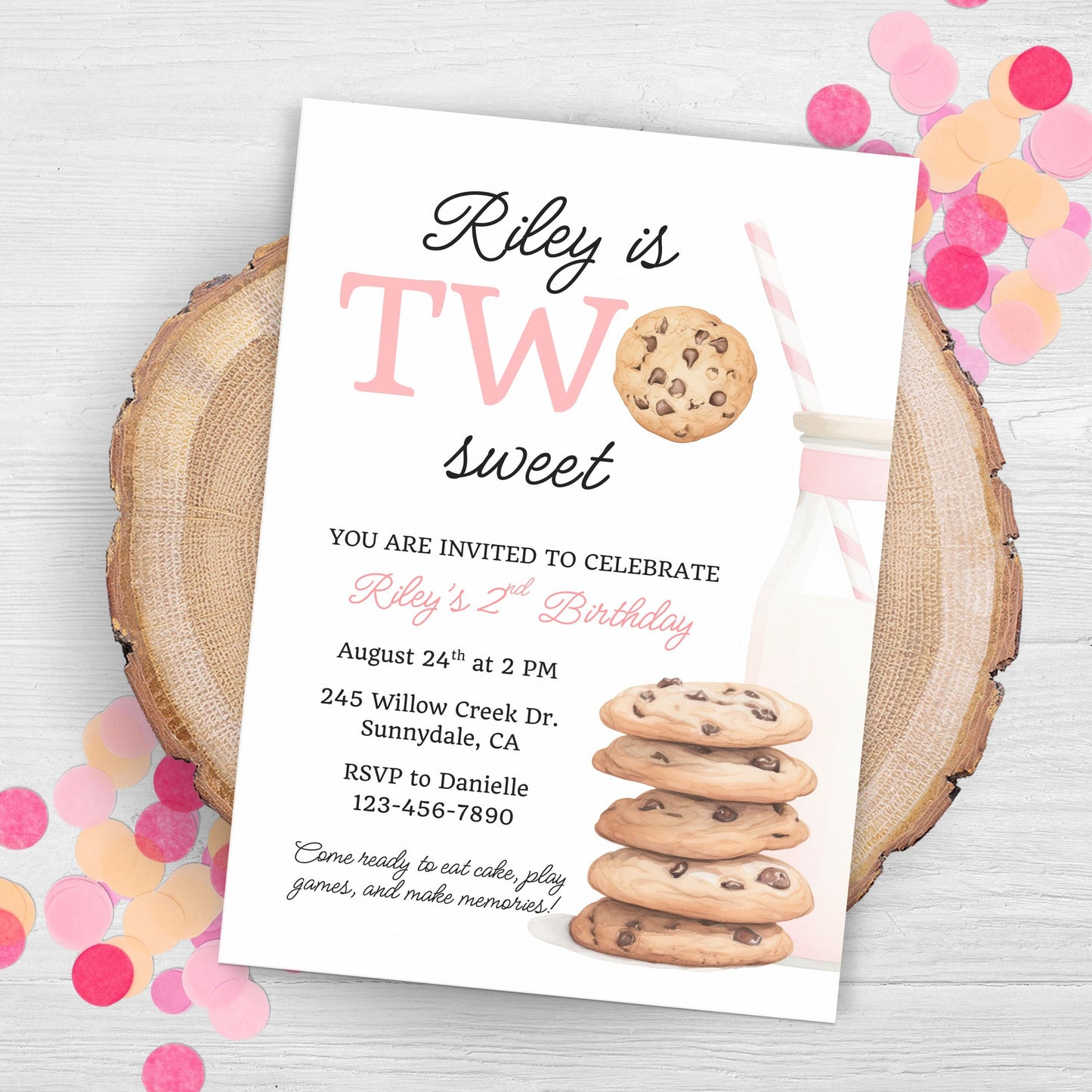 Two Sweet Cookie Birthday Invitation Second Birthday Milk Cookies Party 2nd Birthday Cookie Sweet Celebration Toddler Girl Birthday 0009