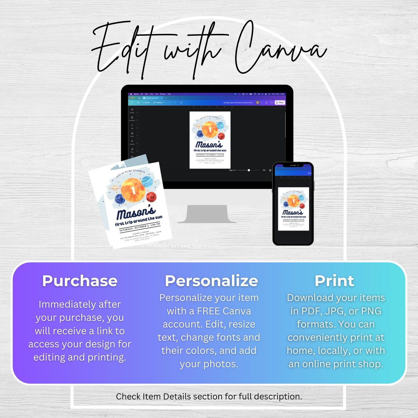 First Trip Around the Sun Birthday Invitation Space Party Editable Outer Space Invite Out of This World Galaxy Solar System Party 0001