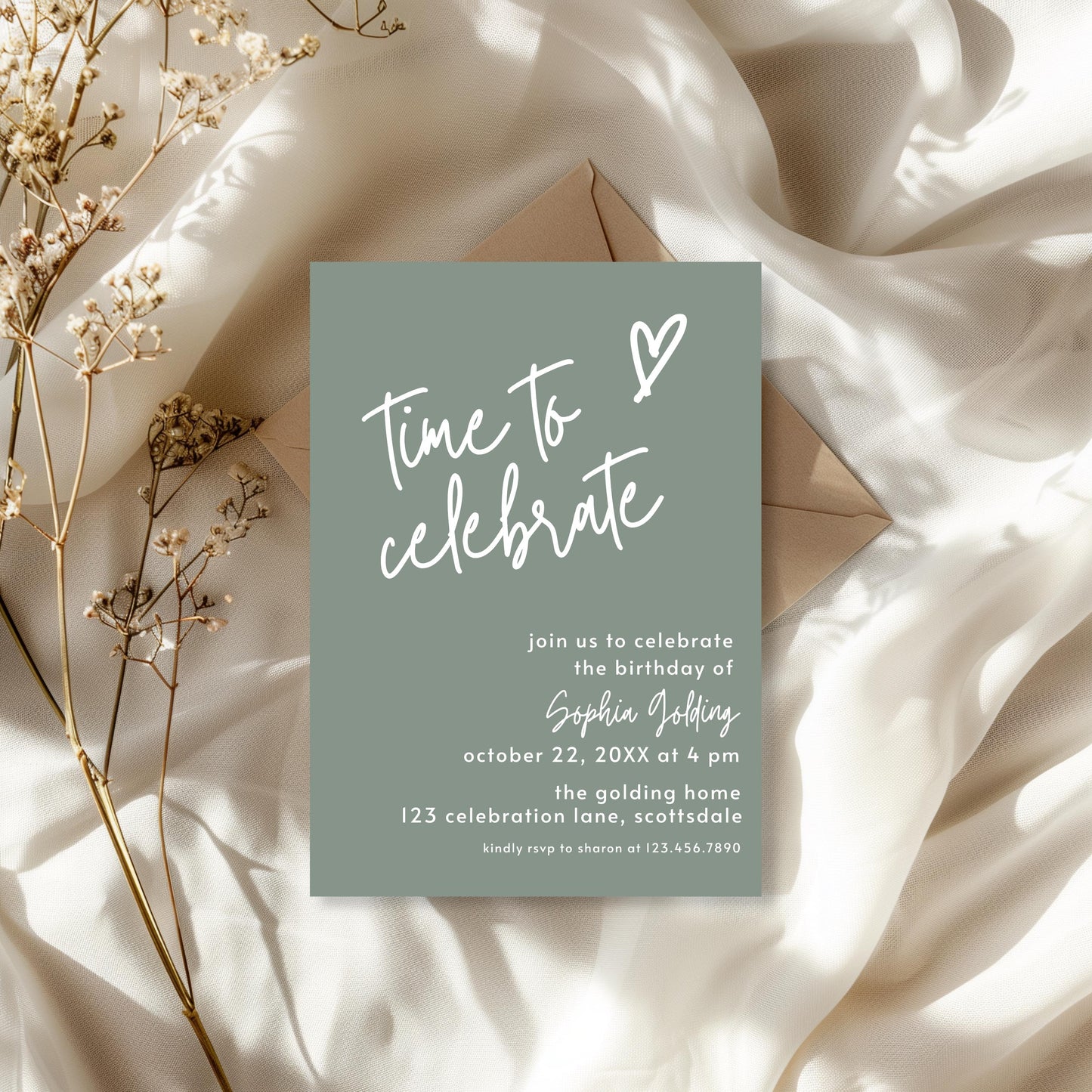 Sage Green Invite Time to Celebrate Birthday Invitation for Girl Sage Green Birthday Teenager Simple Modern Adult Invitation Printable 0003