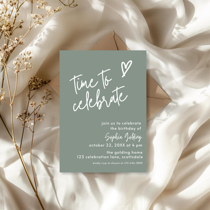 Sage Green Invite Time to Celebrate Birthday Invitation for Girl Sage Green Birthday Teenager Simple Modern Adult Invitation Printable 0003